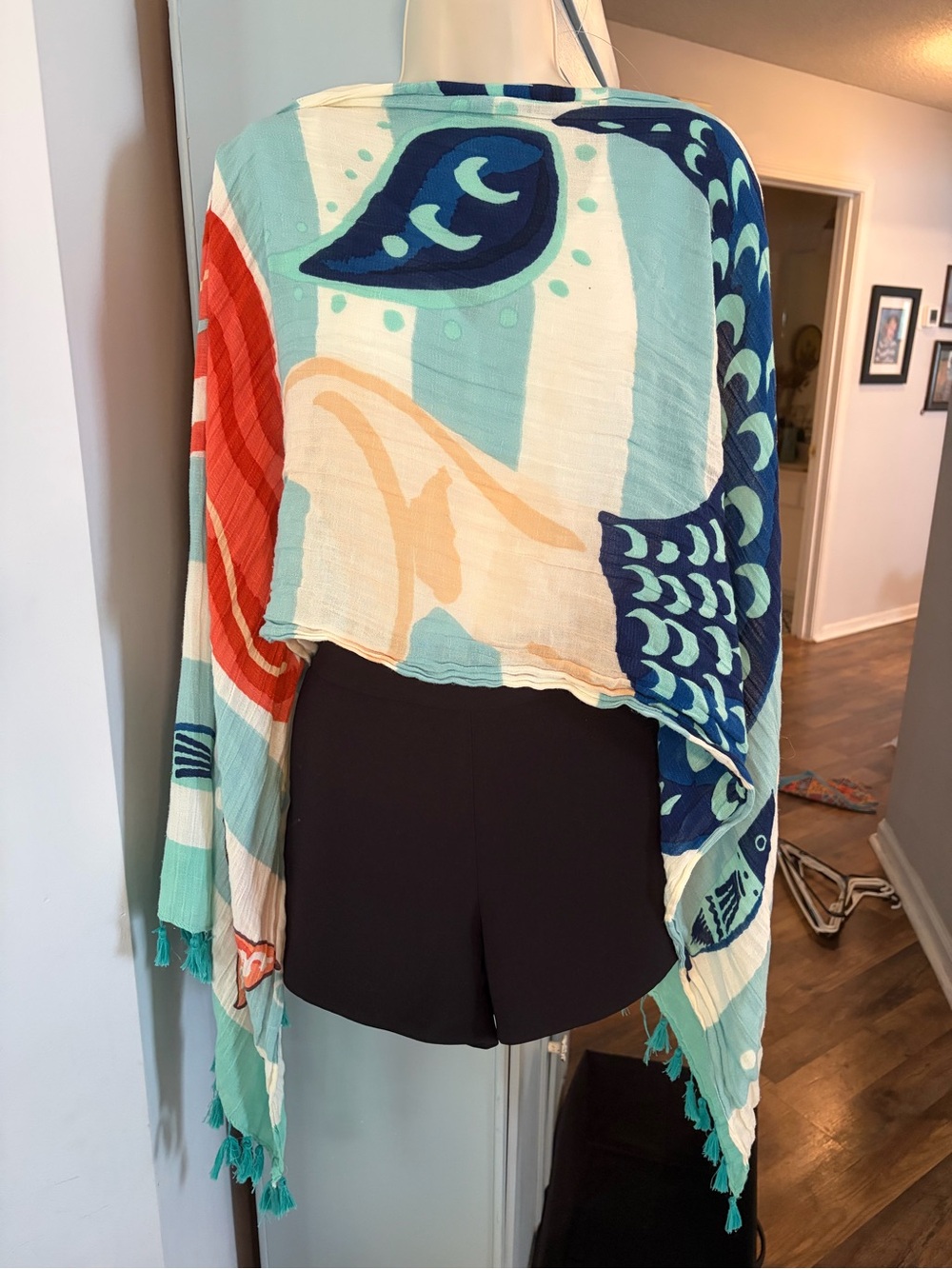 Spartina 449 Teal Navy Coral Fish Motif Linen Wrap